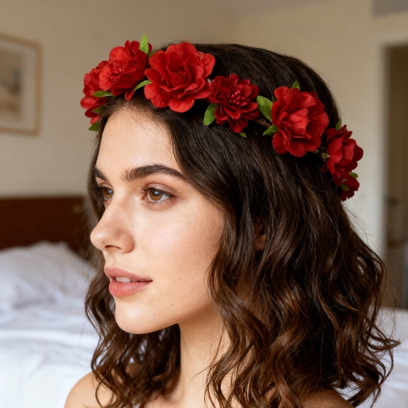 Aufmer Artificial Rose Flower Crown, Silk Floral Green Leaf Headband Hair Accessory, Spring Festival Party Wedding Photography Prop for Women Girls