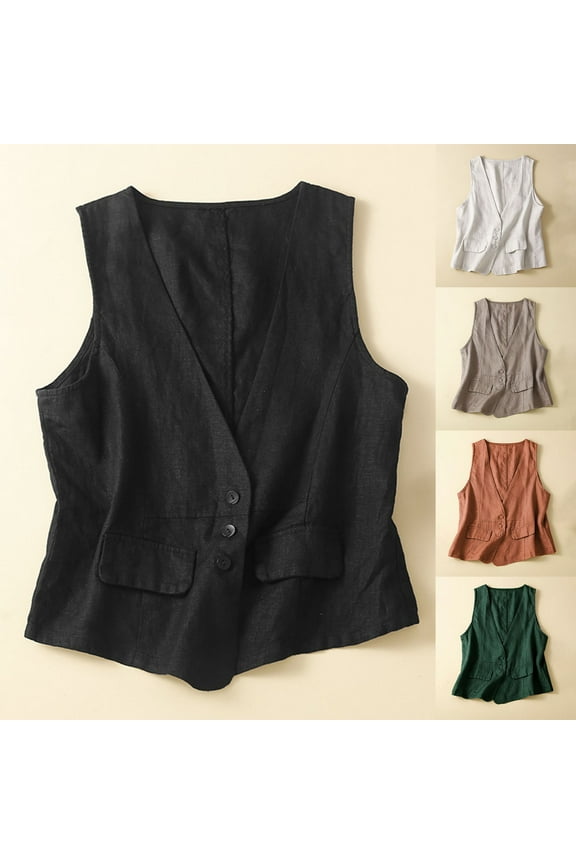 Cardigans for Women Trendy New Sleeveless Plain Solid Button Short Open Front Sweater Denim Cotton Linen Vest Waistcoat Trend Casual Denim Vest Cardigan