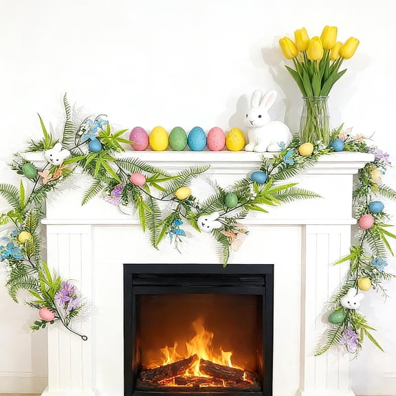 Aufmer Easter Bunny Egg Vine Garland, Spring Branch Leaf Door Decor for Indoor Outdoor Home, Colorful Floral Patio Porch Accent, Plastic Wreath for Mantel Wall and Room Decorations