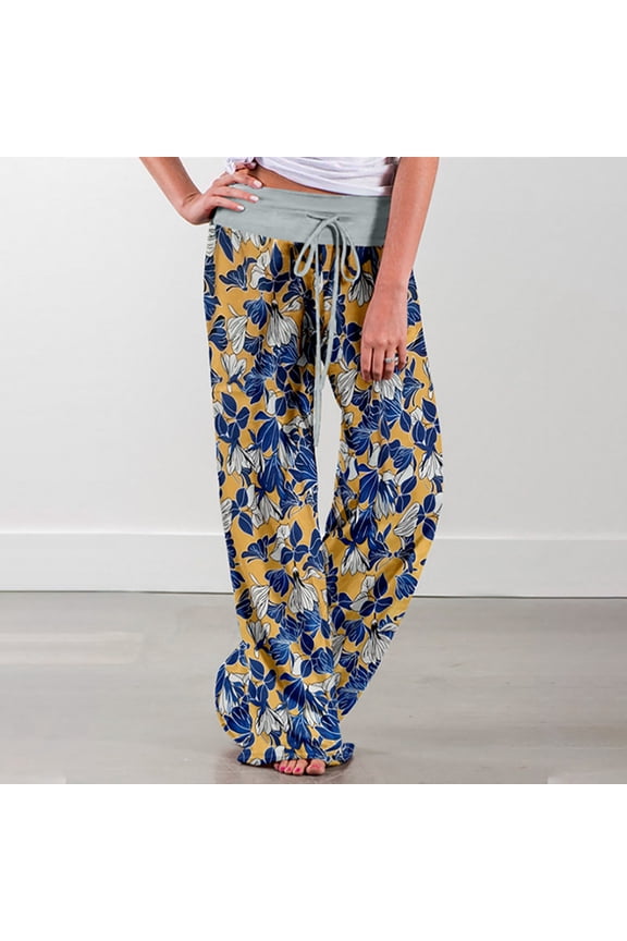 Aufmer Elastic Waist Pants for Women Wide Legs Ladies Spring/Summer High Waist Pants Printed Fashion Flower Print Waist Wide Leg Pants