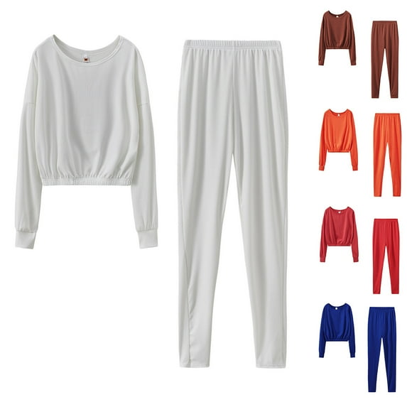 Aufmer Pajamas for Women Set Clearance Long Sleeved Round Neck Plain Solid Nightgown Fashion Color Sweater Shirt and Pant Tracksuit Sport Suit