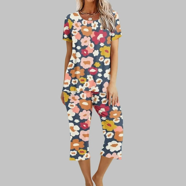Aufmer Pajamas for Women Set Clearance Short Sleeve Round Neck Print ...