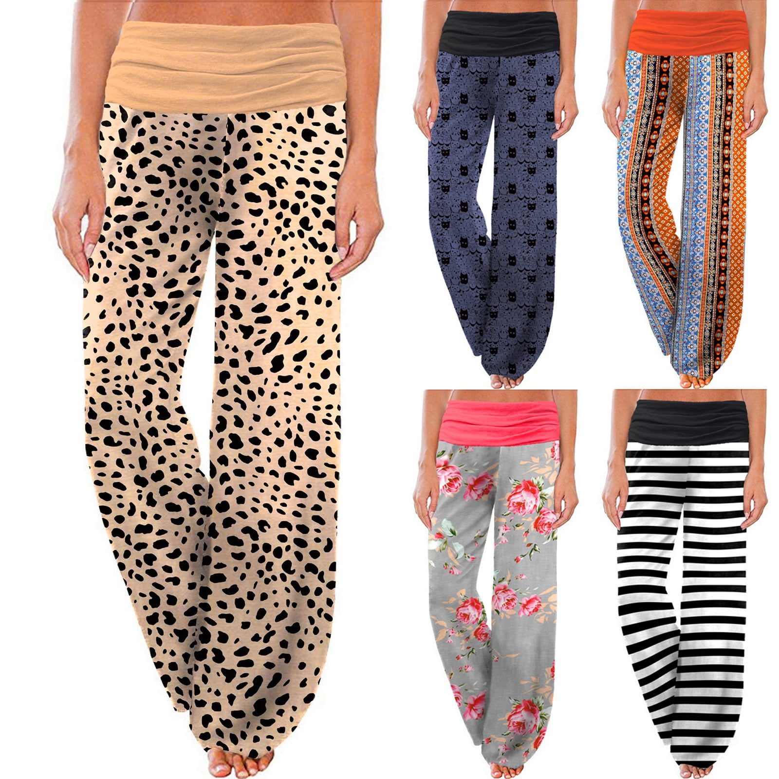 Aufmer Pants for Women Clearance Elastic Waist Wide Leg Pants Extra