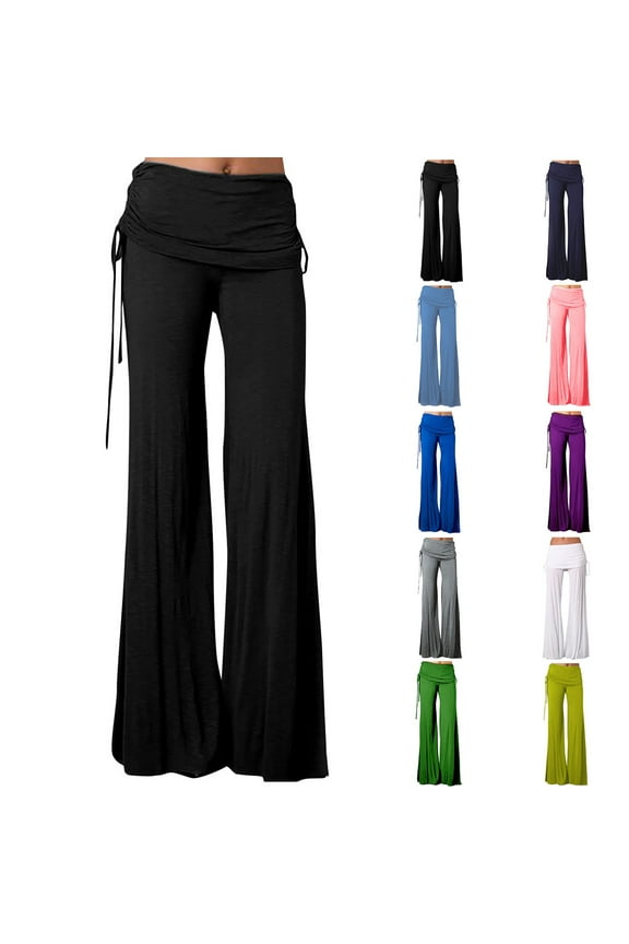Pants for Women Elastic Waist Wide Leg Pants Extra Long Plain Trouser Loose High Waist Workout Out Casual Trousers Yoga Gym Flare Pants
