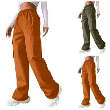 Aufmer Pants for Women Clearance Elastic Waist Cargo Pants Extra Long Plain Pocket Cargo Pants Casual Pants Cowboy Straight Cylinder Overalls Color