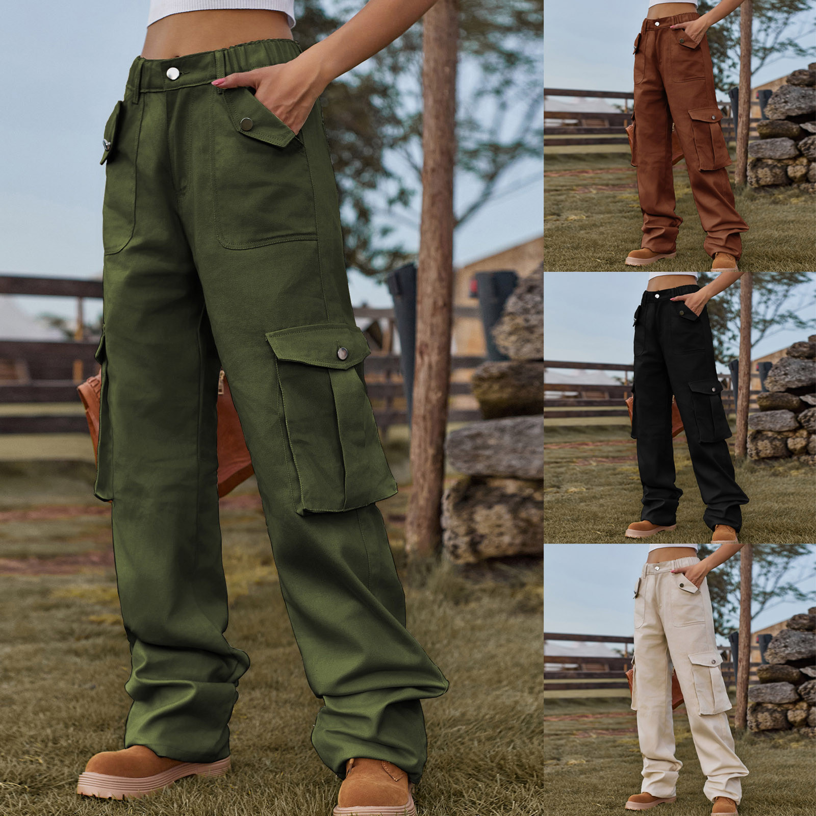 Aufmer Pants for Women Clearance Mid Waist Cargo Pants Extra Long Plain