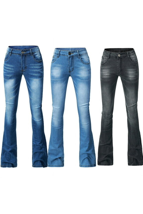 Pants for Women Clearance Mid Waist Flared Pants Extra Long Plain Pocket Jeans Fashion Tight Elastic Tassel Lace-Up Stretch Cow