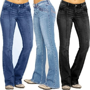 Aufmer Pants for Women Mid Waist Straight-Leg Pants Long Plain Pocket Jeans Jeans Embroidery Stretch Flare Jeans