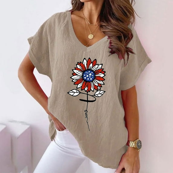 Aufmer Plus Red White and Blue Women Classic Shirts Misses V-Neck Print T-Shirts Fashion Comfortable Female Blouses Tops
