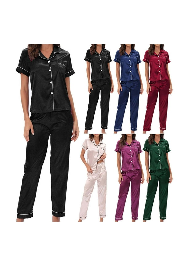 Silk Pajamas for Women Short Sleeve Lapel Button Front Plain Solid Nightgown Set Womens Fashion Home Wear Two-Piece Suit Sleeve Pants Pajama Set Homewear