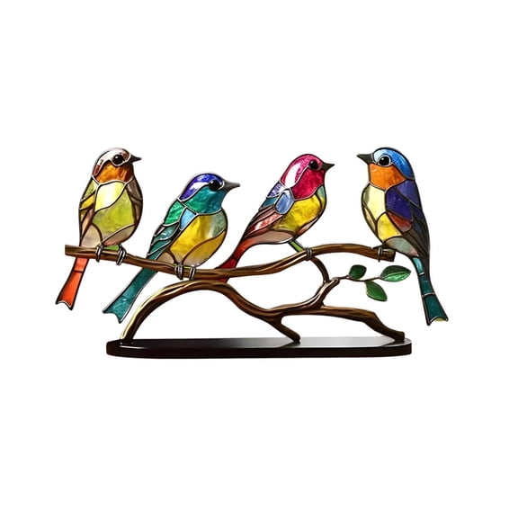 Aufmer Stained Glass Bird Ornament, Colorful Metal Bird Pendant, 4 Birds on Branch Decor, Hanging Window Sun Catcher Art, Home Garden Decoration Accent