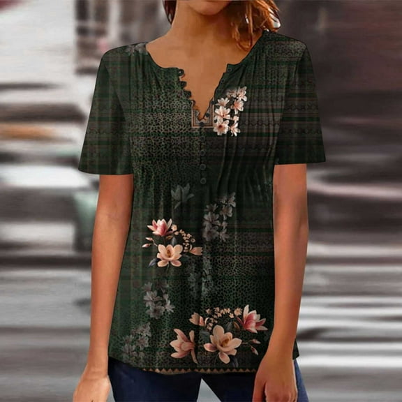 Jacenvly Summer and Fall Tops for Women Crew Neck T Shirt Comfortable Misses Elegant Casual Print Crewneck Loose Short Sleeve T-Shirt Top Blouse Pullover