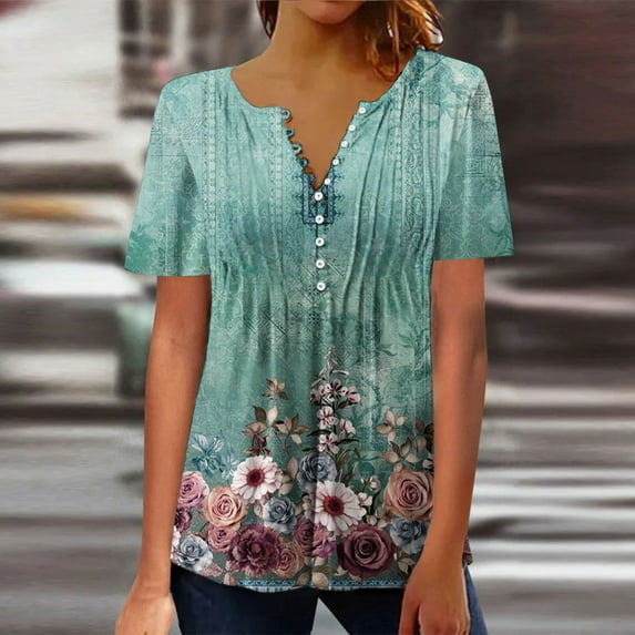 Aufmer Summer and Fall Tops for Women Crew Neck T Shirt Comfortable Misses Elegant Casual Print Crewneck Loose Short Sleeve T-Shirt Top Blouse Pullover