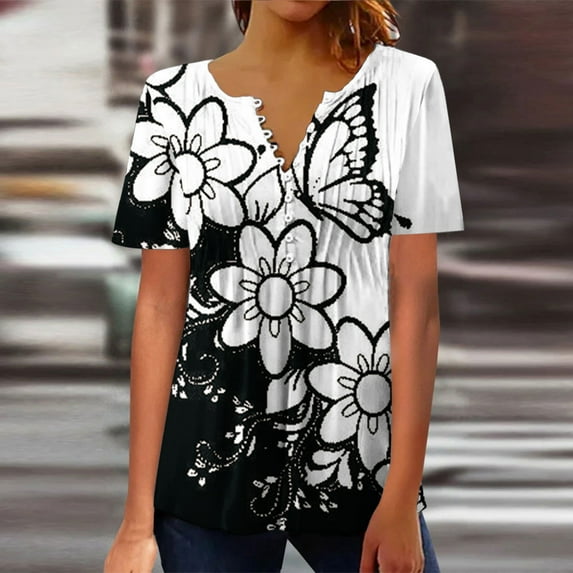 Aufmer Summer and Fall Tops for Women Crew Neck T Shirt Comfortable Misses Elegant Casual Print Crewneck Loose Short Sleeve T-Shirt Top Blouse Pullover