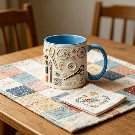 Aufmer Unique Sewing Element Ceramic Drinking Cup Exquisite Pattern Printing Smooth Inner Wall Design For Female Handcraft Lovers Daily Holiday Drinking Use