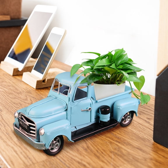 Vintage Truck Décor, Farmhouse Rustic Metal Truck Planter Pickup Car Model Gift, Tabletop Decorative Storage & Pick-Up Metal Truck Planter with Sunflower(White)✿,Garden