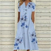 JACENVLY Aufmer Wear to Work Blue Dresses for Women Plus Fashion Ladies Casual Loose Butterfly Printing V-Neck Short Sleeve Button Pockets Long Dress Cheistmas