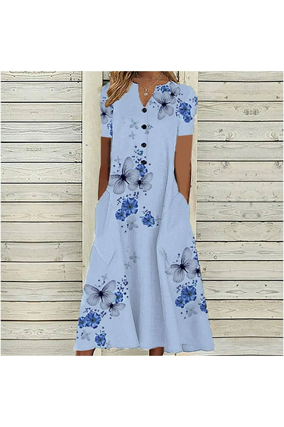 Aufmer Wear to Work Blue Dresses for Women Plus Fashion Ladies Casual Loose Butterfly Printing V-Neck Short Sleeve Button Pockets Long Dress Cheistmas
