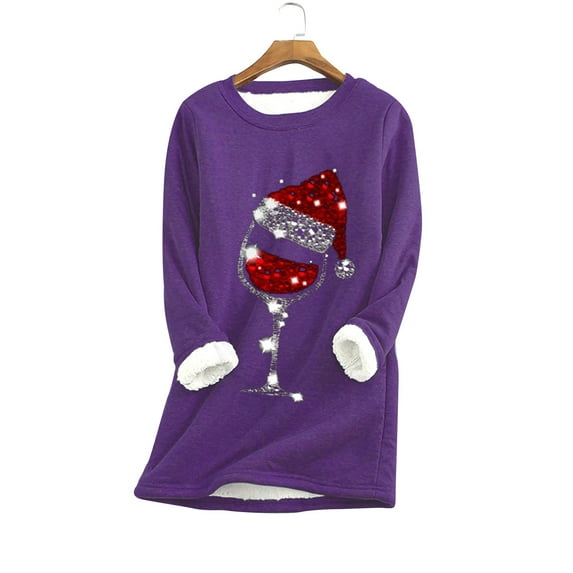 Jacenvly Winter Women's Casual Plush-lined Thermal Christmas Print Thickened Tops Crew Neck Long Sleeve Sweatshirt