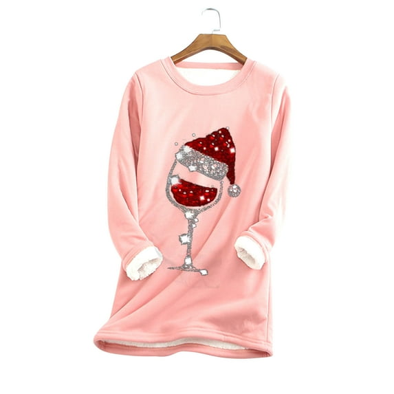 Jacenvly Winter Women's Casual Plush-lined Thermal Christmas Print Thickened Tops Crew Neck Long Sleeve Sweatshirt