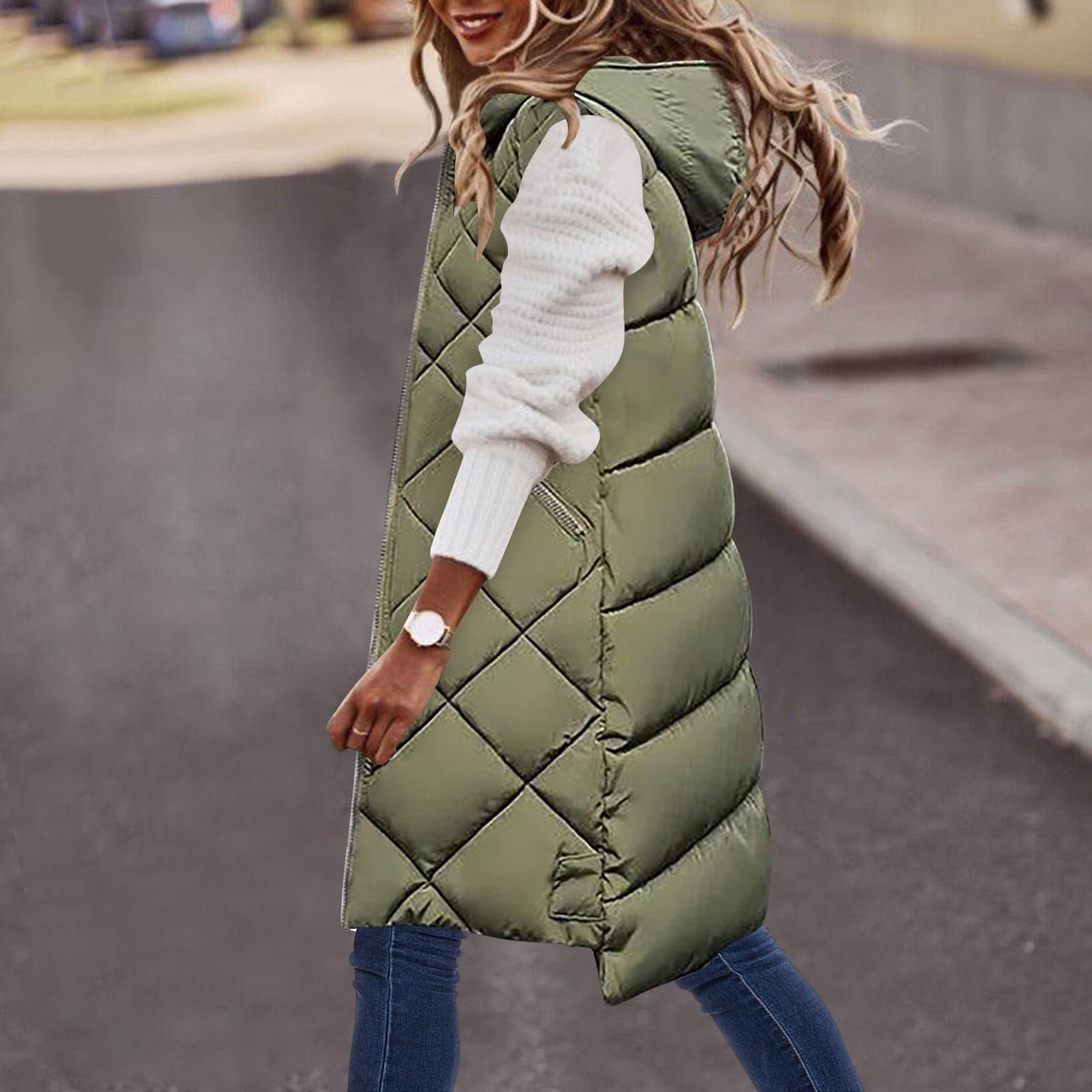 Jacenvly Winter Women's Long Down Vest Zipper Puffer Ladies Warm Pocket Hooded Coat Maxi Jacket
