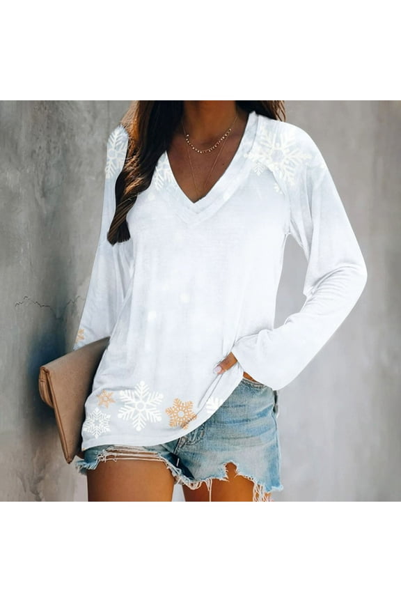 Aufmer Womens Clothes Long Sleeve Fall & Winter New Arrivals Christmas Tops Misses Ladies V Neck Loose Tops Leisure Cute Graphic Print T-Shirts Blouse