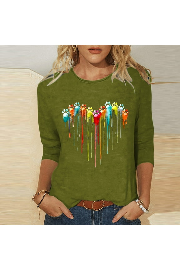 Aufmer Womens Long Sleeve Tees Multicolor Print Long Sleeve Round Neck Button Front Sweaters for Women Fashion Three Quarter Sleeve Retro Loose Tops Blouse Three Quarter leeve