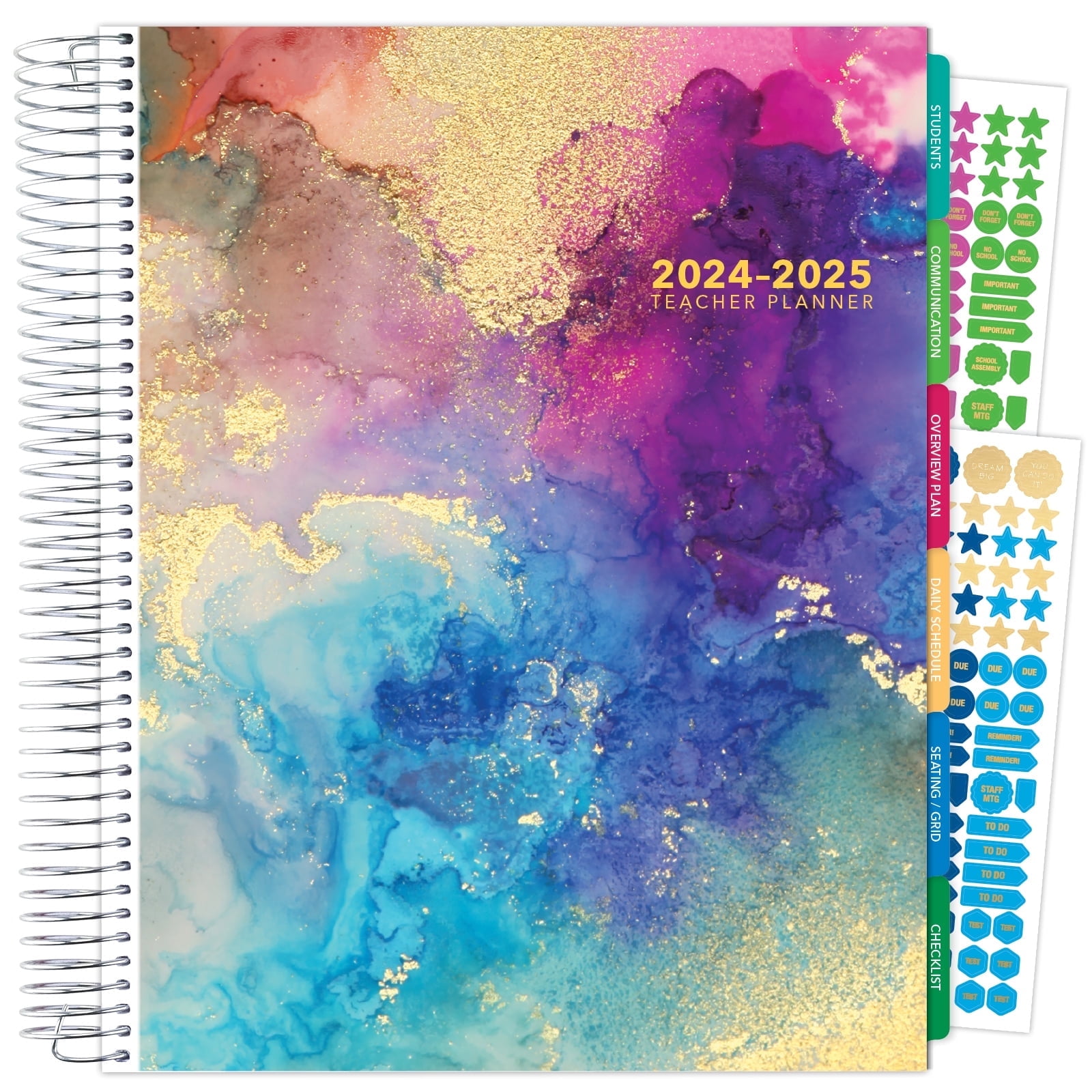 Aug 2024-Jul 2025 Deluxe Teacher Planner Notebook 8.5x11 Daily Weekly Monthly Organizers with 7 Periods, Pocket Folder, Dated Calendar, Page Tabs, Bookmark & Planning Stickers, Rainbow Gold Marble