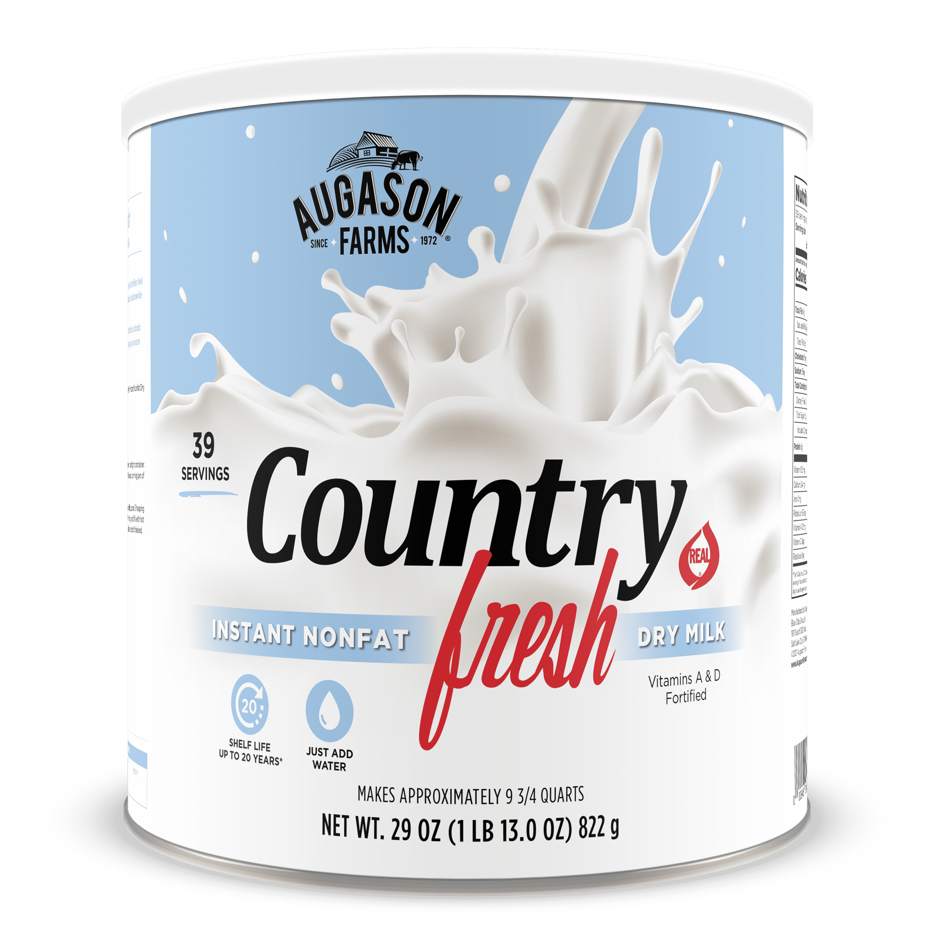 Country Fresh Instant Nonfat Dry Milk Powder, 39 Servings, 20 Year Shelf Life, Gluten Free - Canned Vitamin-Fortified Nonfat Milk Powder for Baking and Emergency Food Supplies