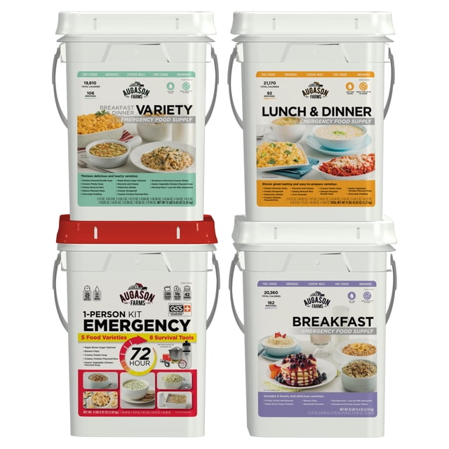 Augason Farms Deluxe Food Variety 4Pail Kit with Survival Gear