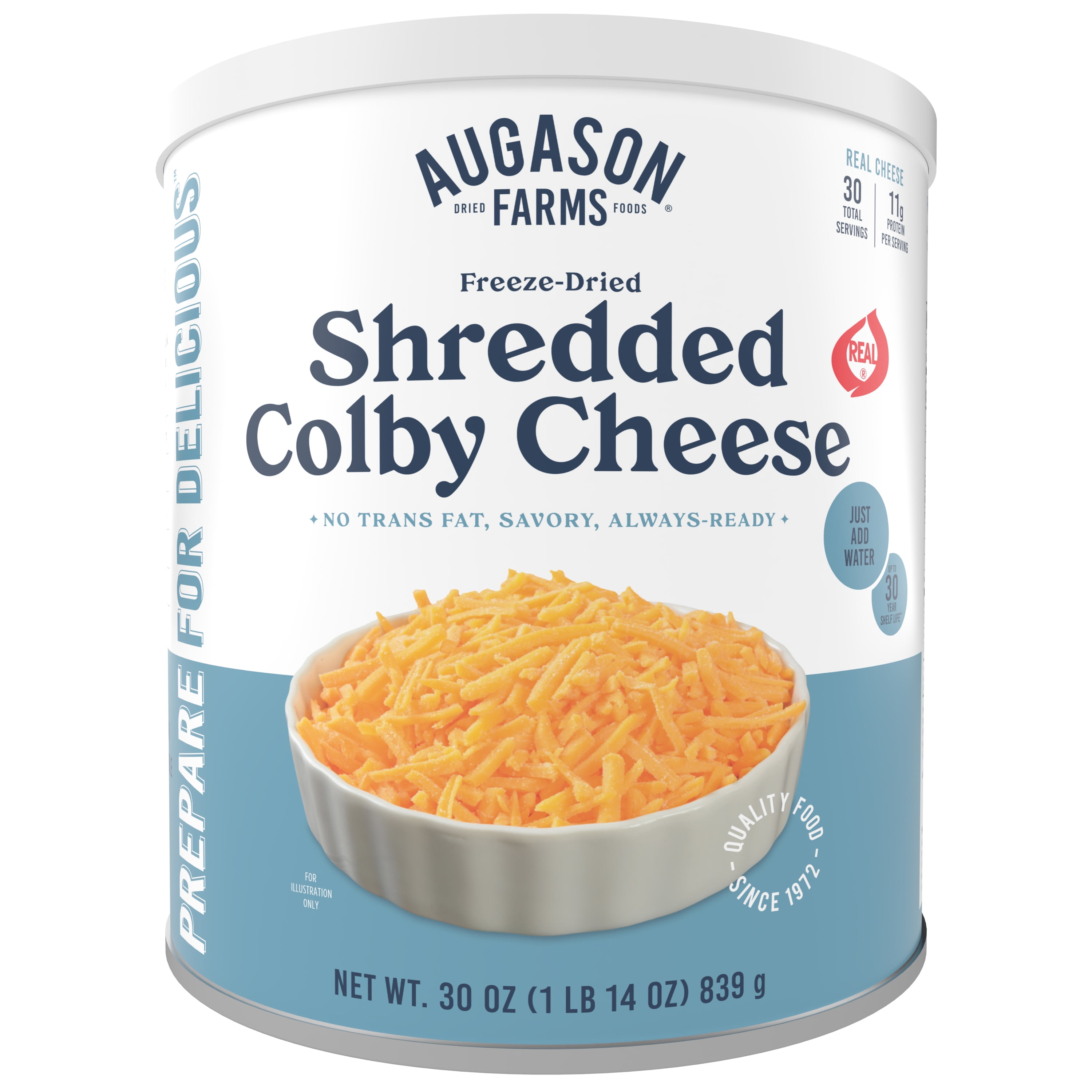 Freeze Dried Shredded Colby Cheese Can Emergency Food Supply, 30 Servings, 30 Year Shelf Life, Certified Gluten Free, Made with Real Milk, 11g Protein per Serving - Freeze Dried Cheese