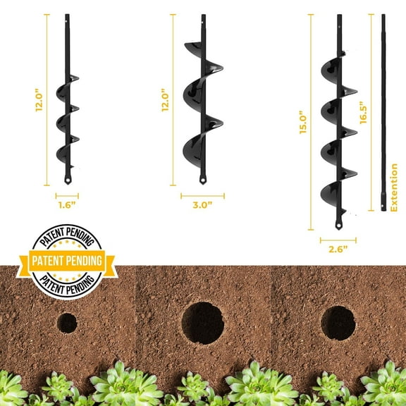 Auger Drill Bit Set with Extension - 3 Pack for Planting, Fence Posts &  Holes