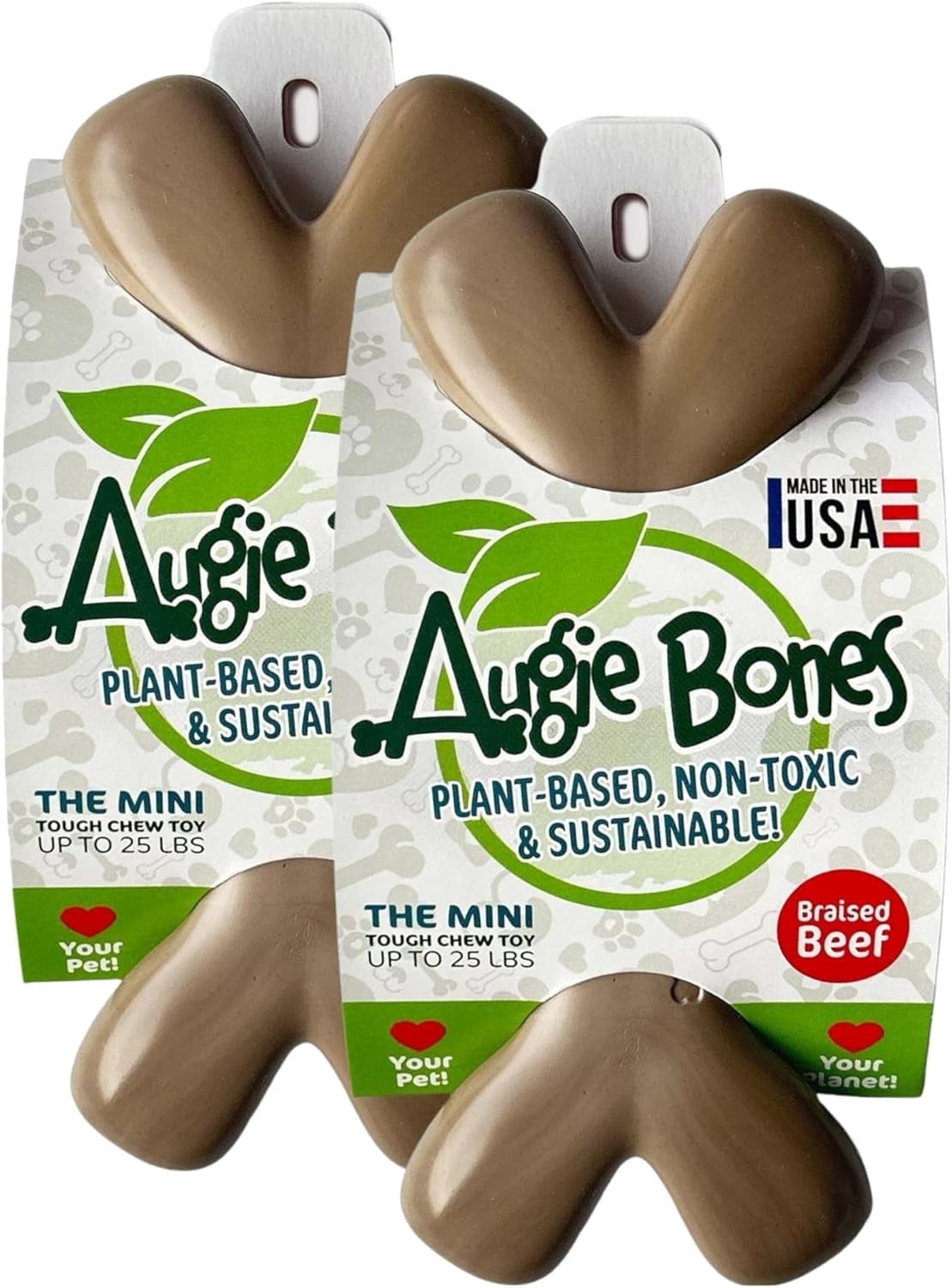 Augie Bones -2 pack MINI - Braised Beef -Non-Toxic Tough Chew Toys for dogs- Plant based, Sustainable, No Nylon, For aggressive chewers