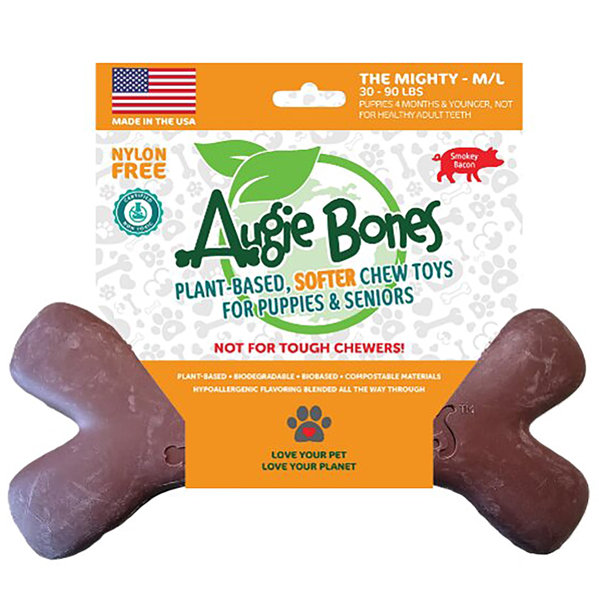 Augie Bones: Softer Dog Chew Toy - Smoky Bacon: Mighty - Puppies & Seniors, Plant-Based, Flavor Blended Throughout, No Nylon, 7.5", M/L Pets 30-90 lbs