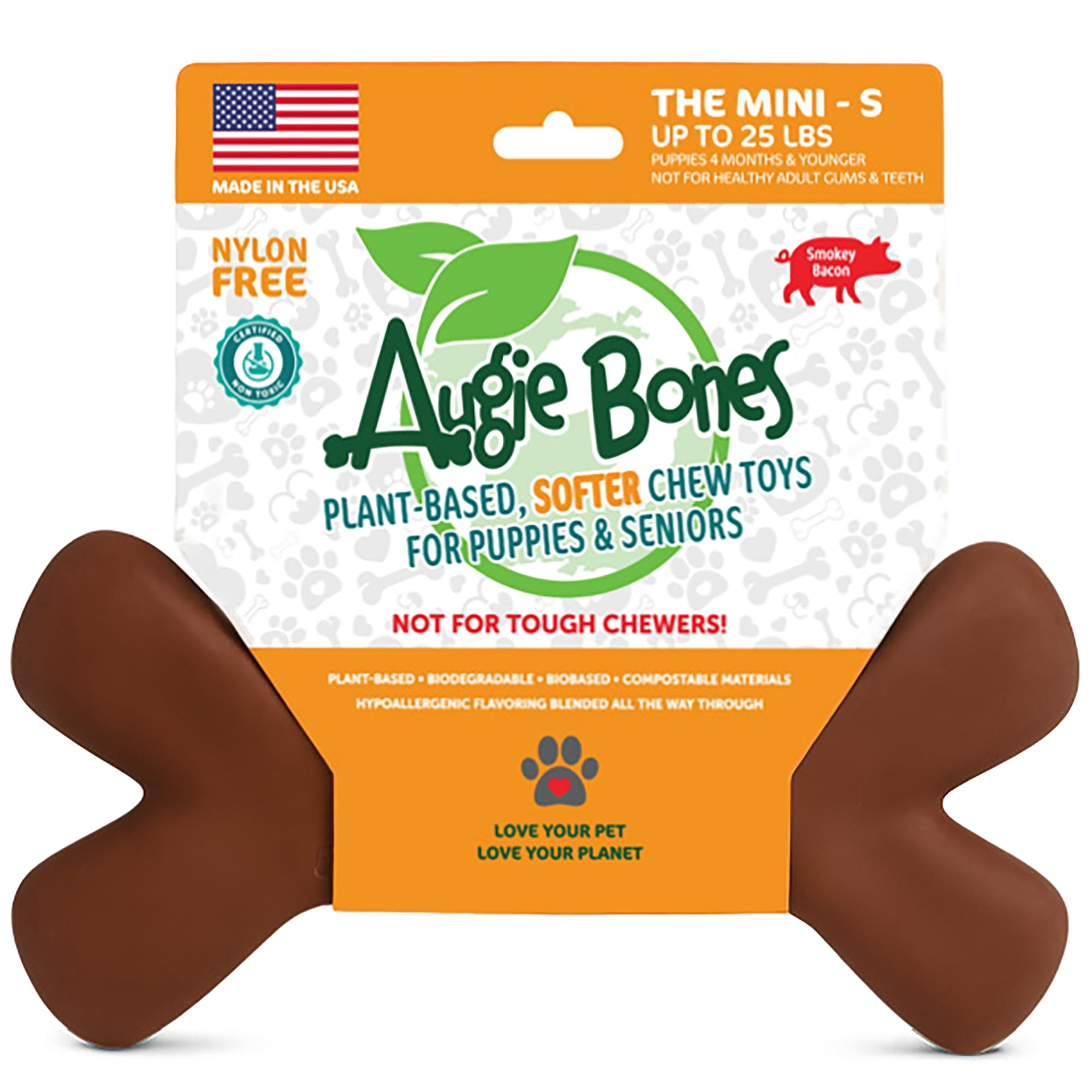 Augie Bones: Softer Dog Chew Toy - Smoky Bacon: Mini - Puppies & Seniors, Plant-Based, Flavor Blended Throughout, No Nylon, 6", Small Pets Up To 25 lb