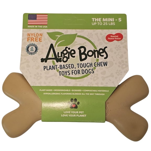 Augie Bones: Tough Dog Chew Toy - Roasted Peanut Butter: Mini - Plant-Based, Flavor Blended Throughout, No Nylon, 6" Play Chew, Small Pets Up To 25 lb
