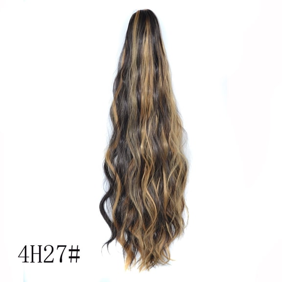 Augper 22 inch Chocolate Brown with Highlights Long Drawstring Wavy Clip in Ponytail Hair Extensions Layered Synthetic Hairpiece for Women