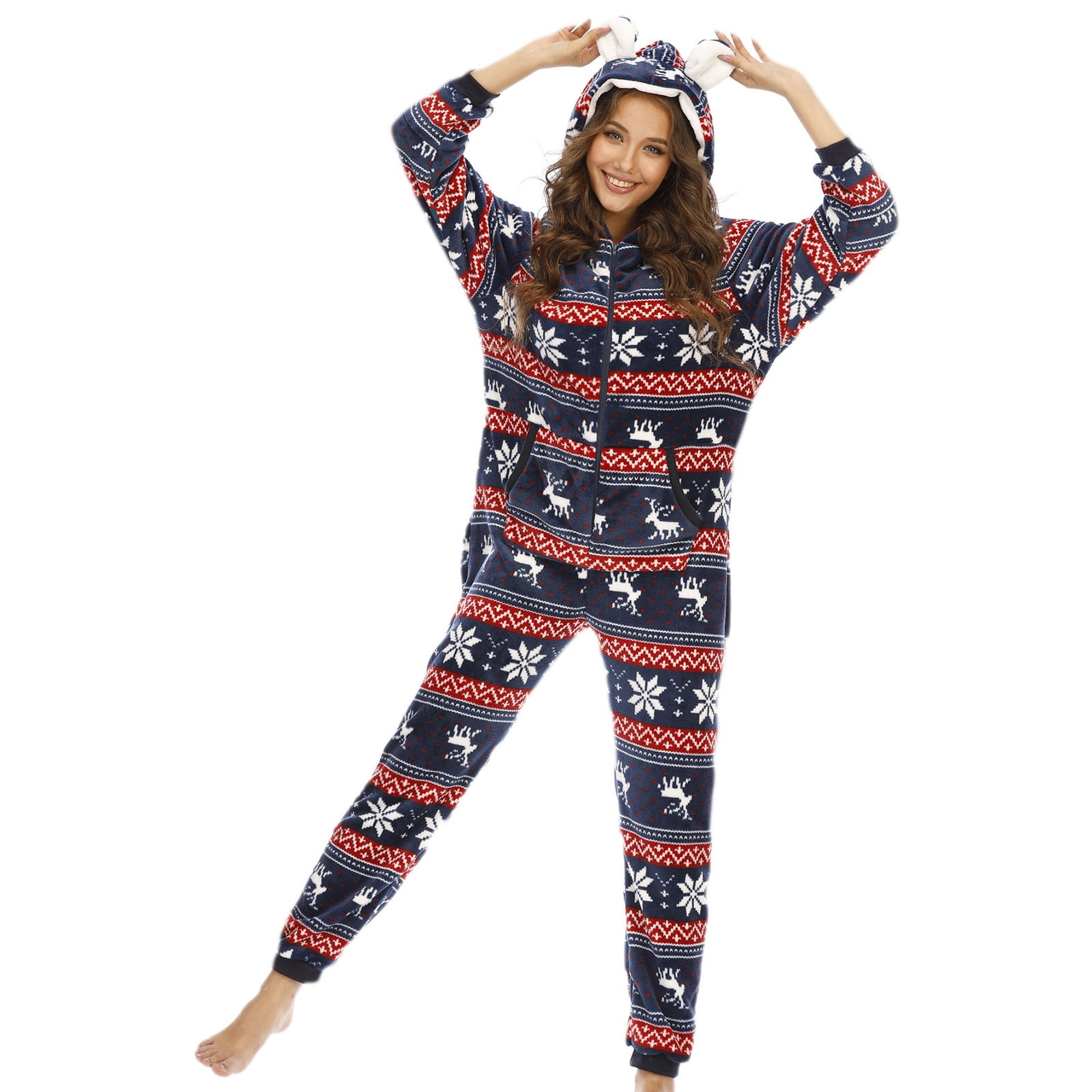 Augper Clearance Women's Warm Fleece One Piece Hooded Footed Zipper