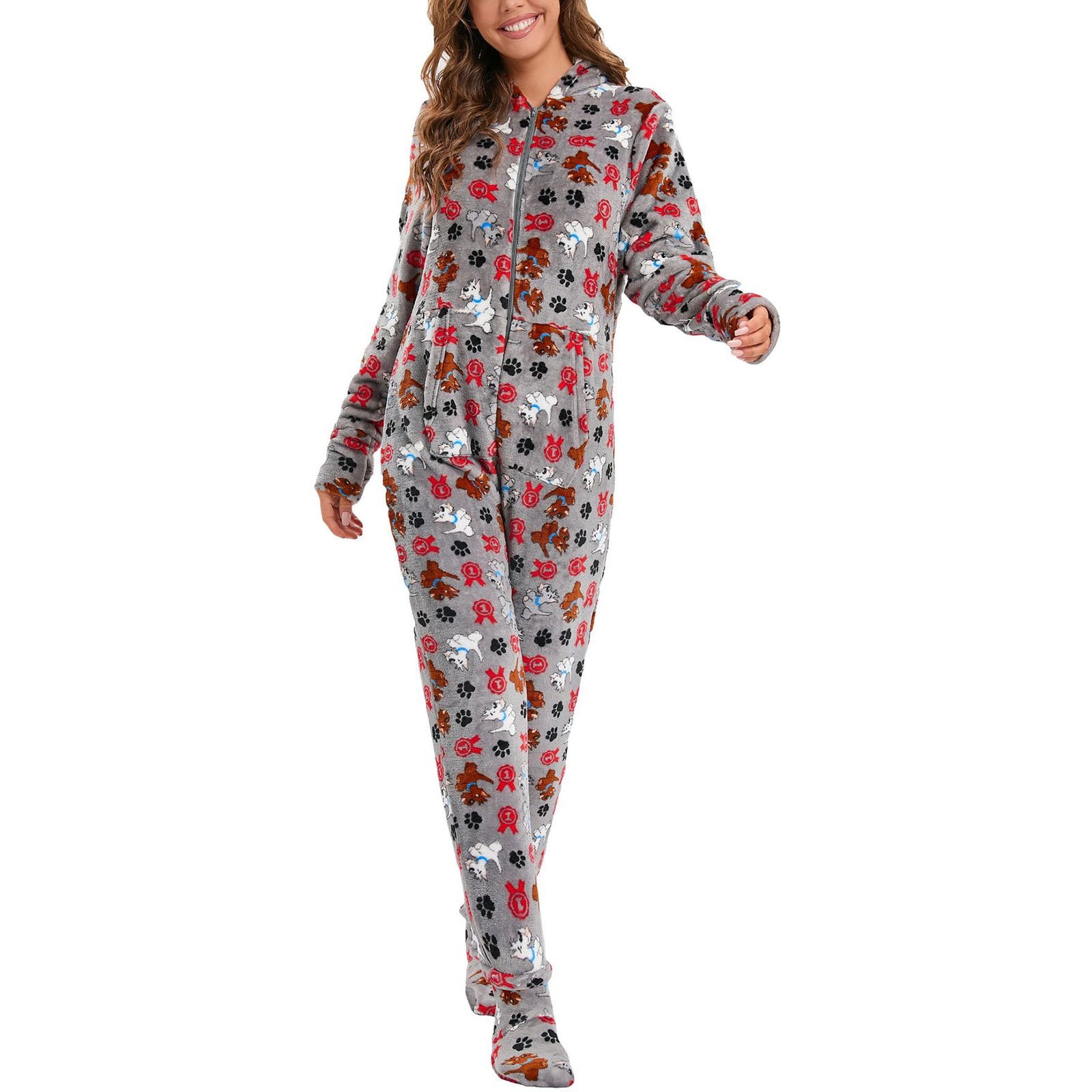 Augper Clearance Women's Warm Fleece One Piece Hooded Footed Zipper