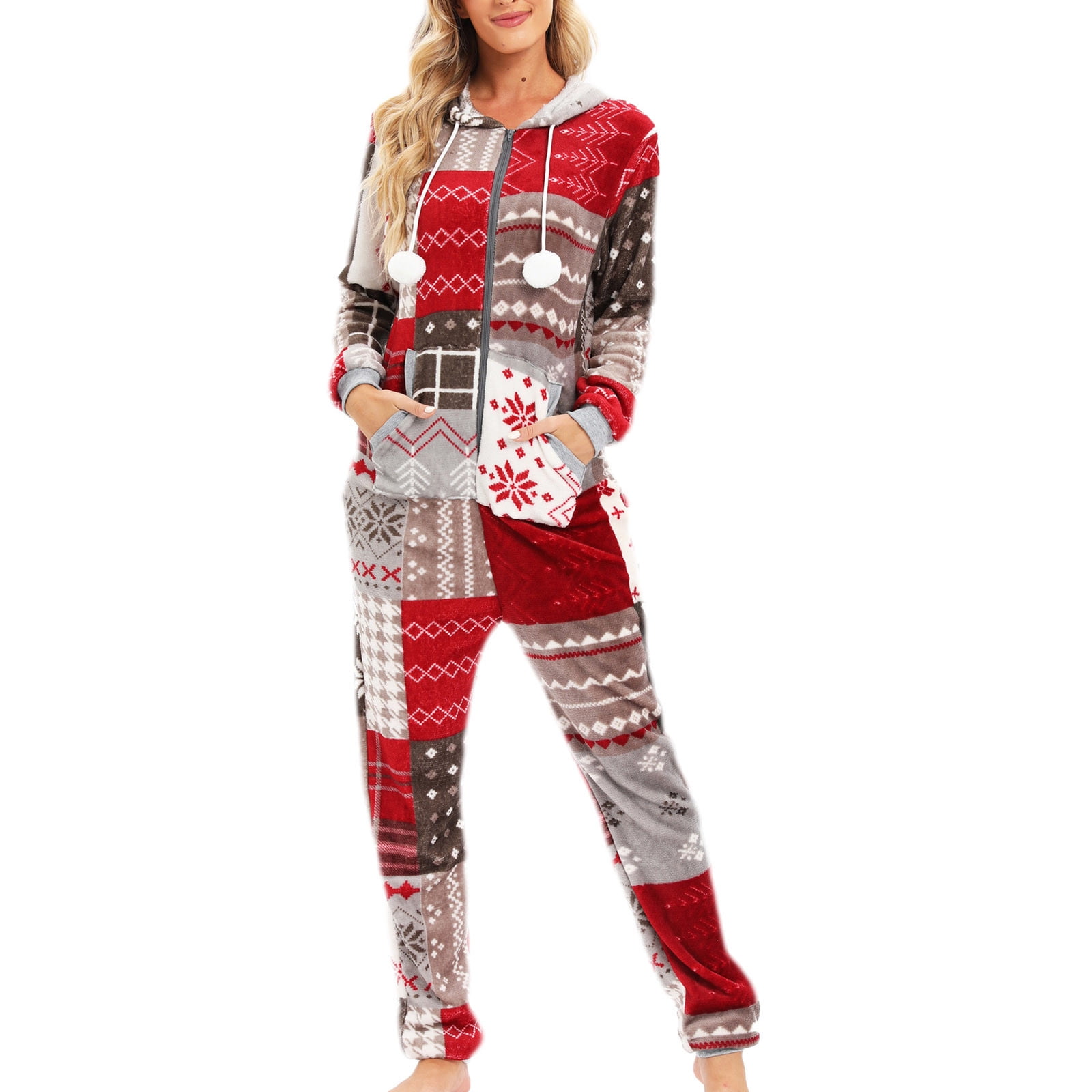 Augper Clearance Women's Warm Fleece One Piece Hooded Footed Zipper