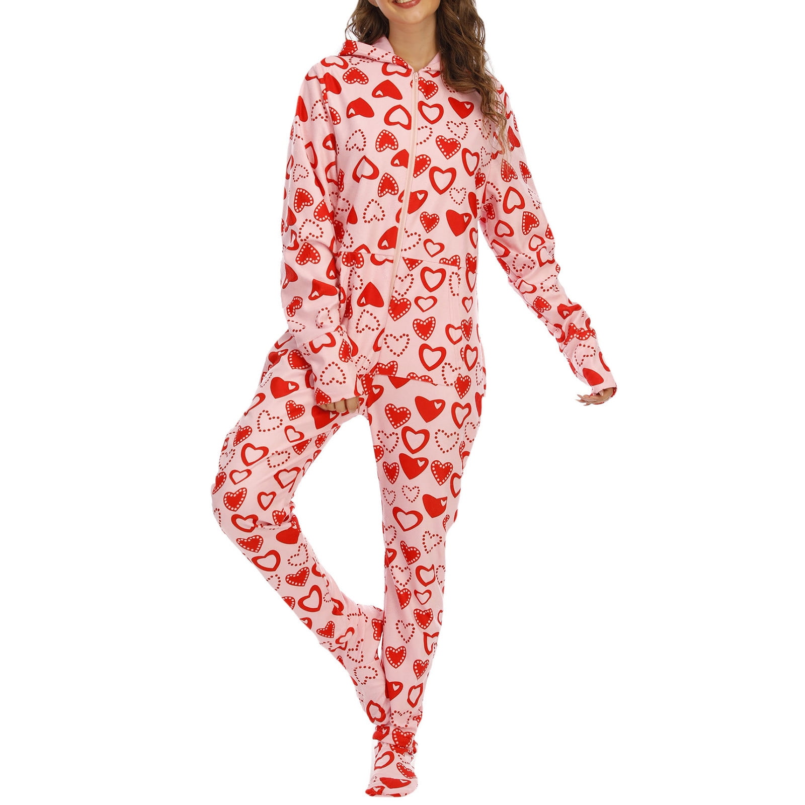 Augper Clearance Women's Warm Fleece One Piece Hooded Footed Zipper Pajamas Soft Adult Onesie