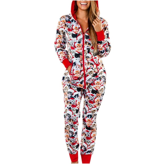 Augper Clearance Womens Flannel Onesie Pajamas Cartoon Cute Long Sleeve Jumpsuit Pajama Fuzzy Fleece Zipper Hooded Cosplay One-Piece Nightgown