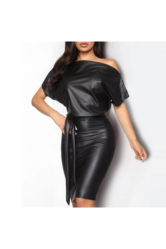 Fashion Women Short Sleeve Solid Color Bat Long Jumpsuit Ladies Leather Dress