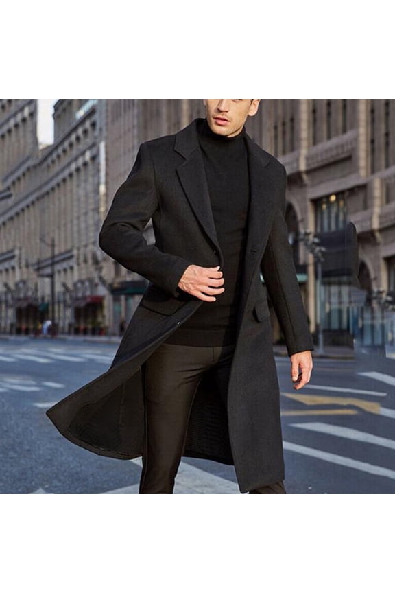 Men's British Style Solid Long Coat Fashionable Warm Woolen Overcoat
