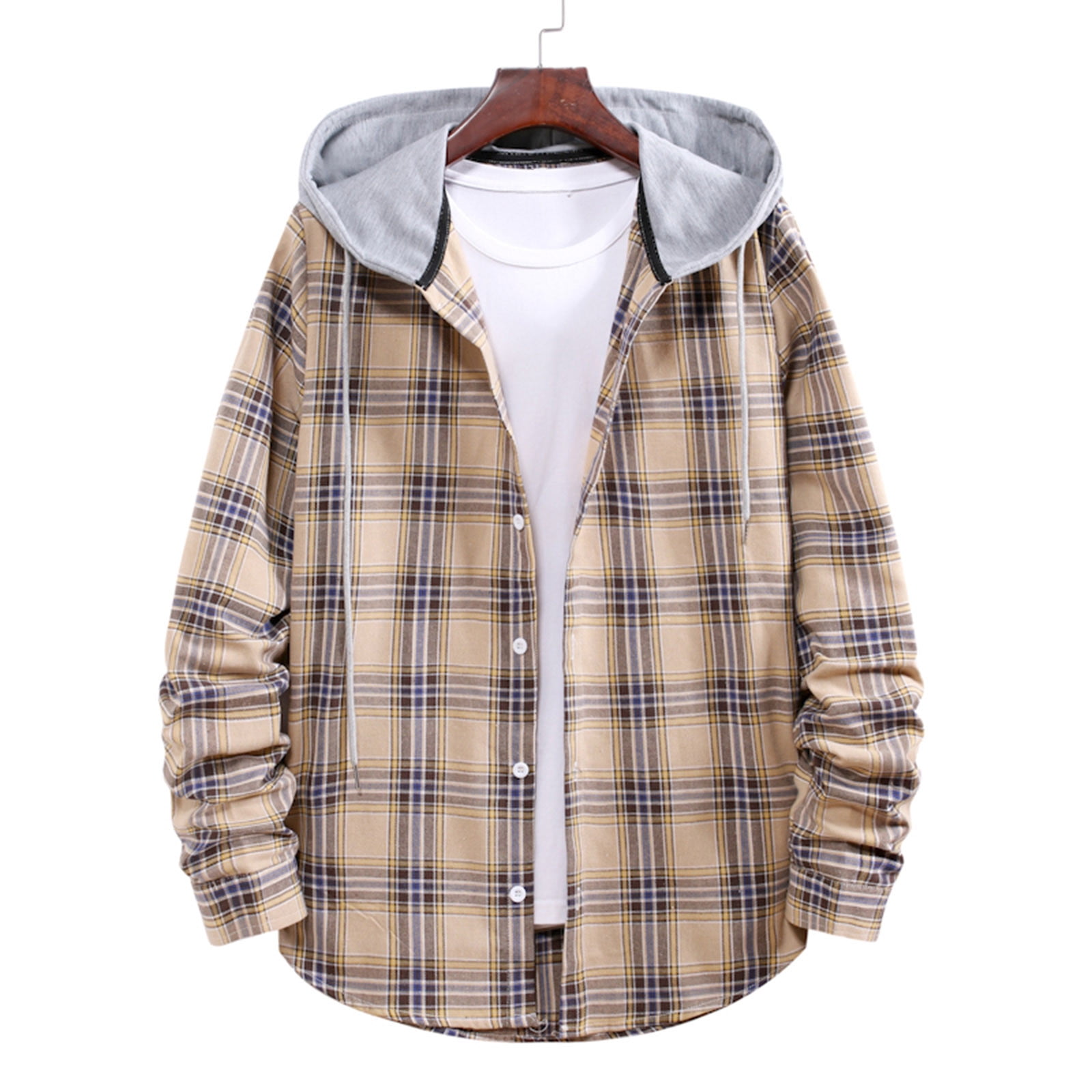 Augper Men's Fleece Flannel Shirt Jacket Zipper Casual Hooded Fake Two ...