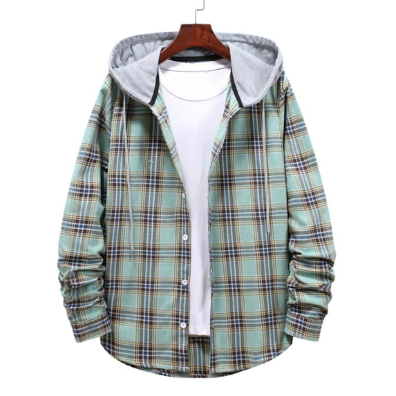 Augper Men's Fleece Flannel Shirt Jacket Zipper Casual Hooded Fake Two Loose Thicken Lattice Jacket Coats