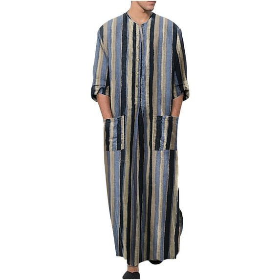 Augper Men's Muslim Dresses Long Sleeve Striped Henley Shirts Muslim Long Gown Thobe Robe for Men