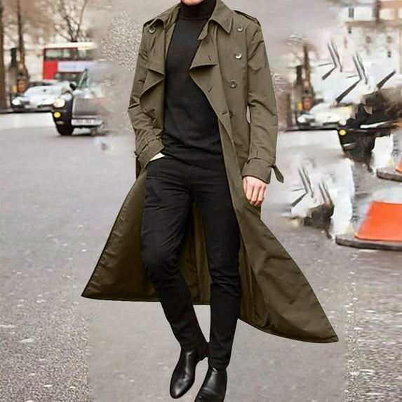 Augper Men's Trenchcoat Wool Blend Winter Long Double Breasted Overcoat Slim Fit Warm with Belt
