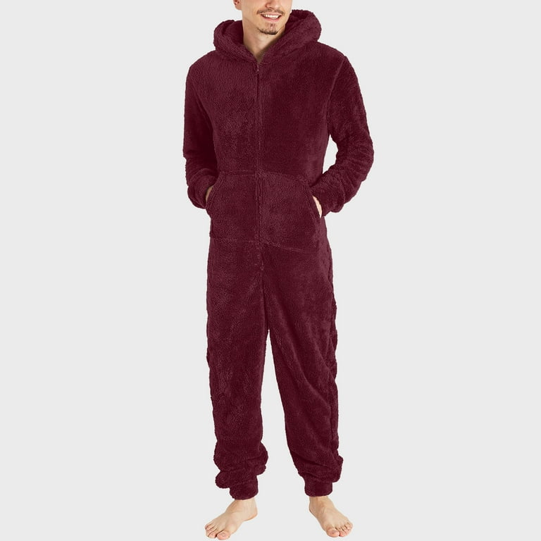 Augper Men s Warm Fleece One Piece Hooded Footed Zipper Pajamas Set Soft Adult Onesie Footie Hood Winter