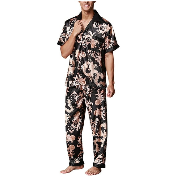 Augper Mens Silk Pajama Set, Short Sleeve Pjs Sets Sleepwear Button Down Loungewear with Long Pants